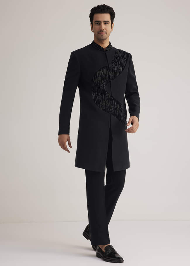 Black Velvet Indowestern Set With Cut Work Embroidery