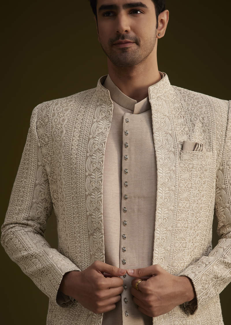Brown Silk Open Style Sherwani Set With Resham Thread Work