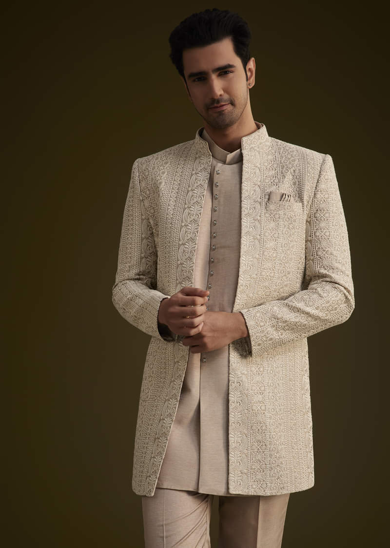 Brown Silk Open Style Sherwani Set With Resham Thread Work
