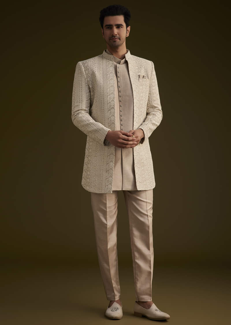 Brown Silk Open Style Sherwani Set With Resham Thread Work