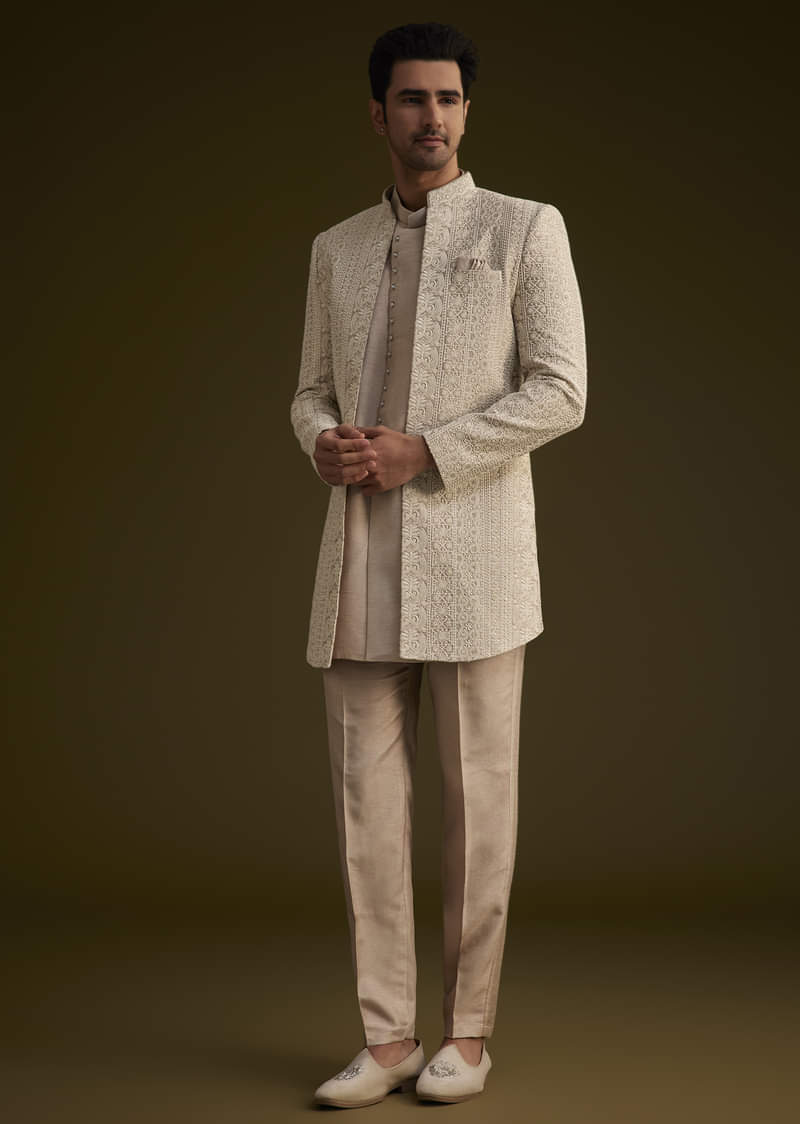 Brown Silk Open Style Sherwani Set With Resham Thread Work