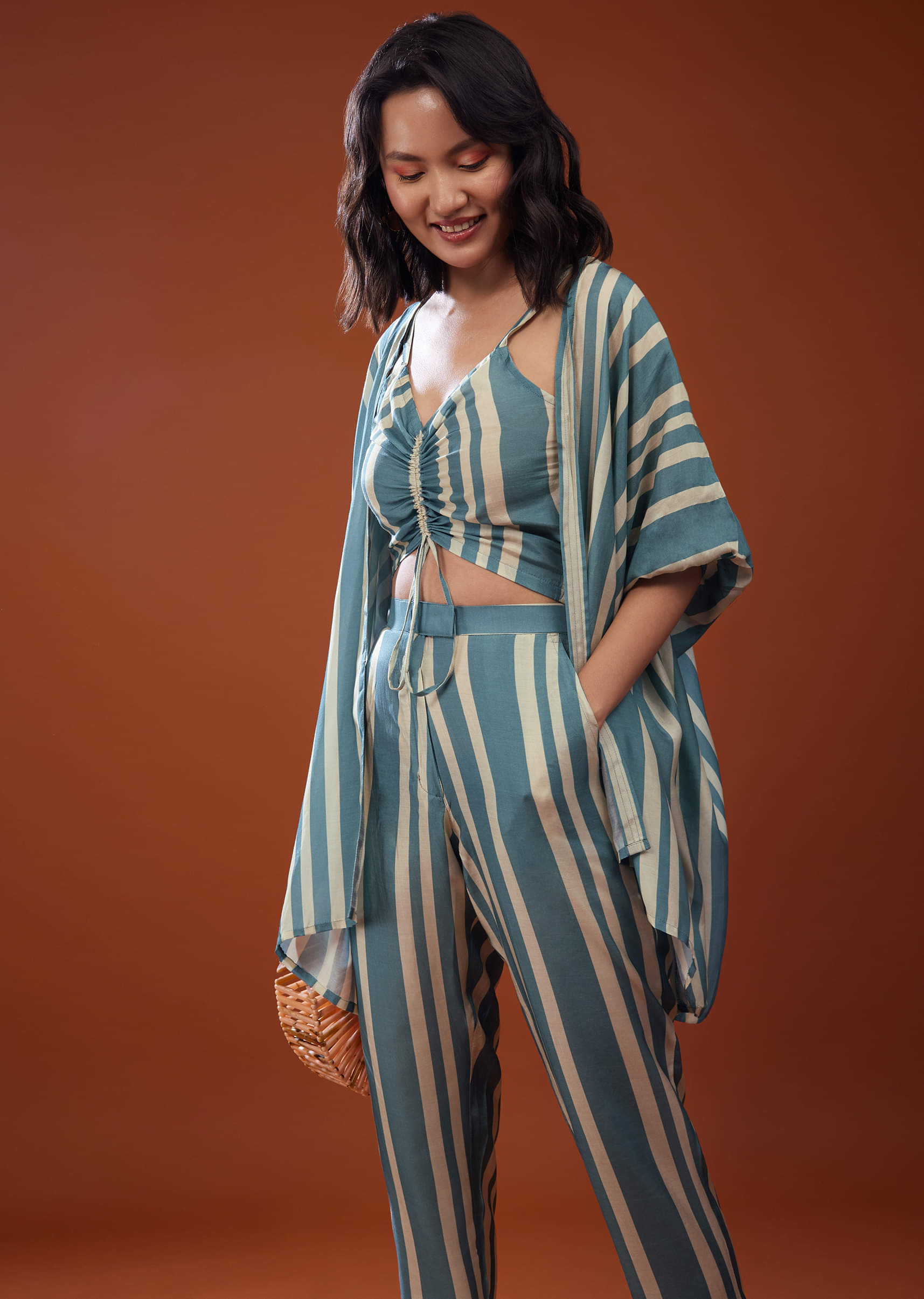 Buy Three-Piece Teal Blue Striped Co-ord Set In Muslin