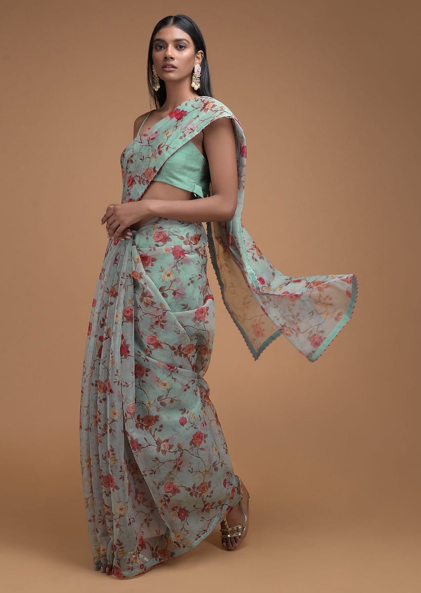 Buy Tiffany Blue Saree In Organza With Floral Print Along With French Knots On The Border Online Kalki Fashion