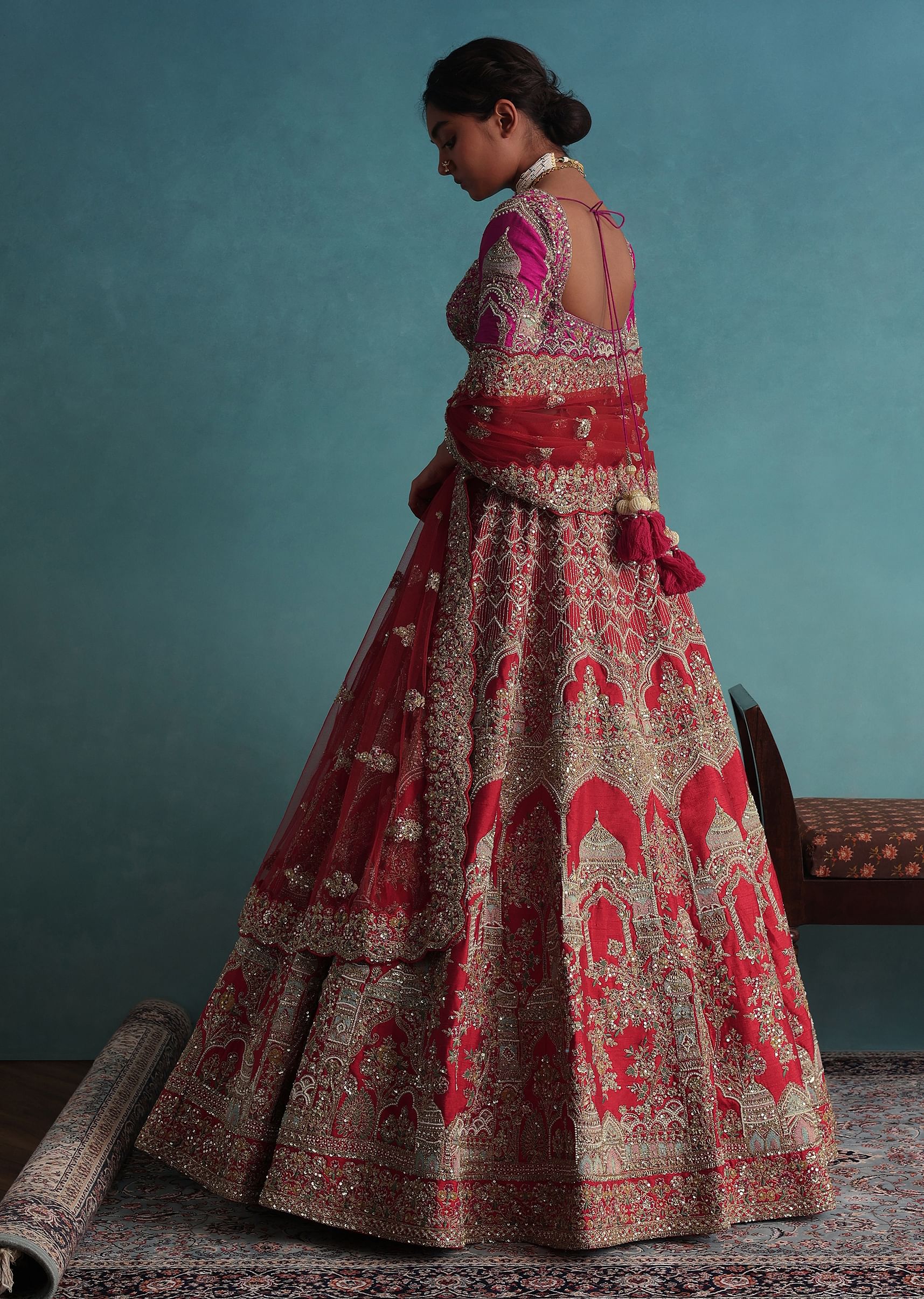 Red bridal lehenga with pink dupatta hot sale