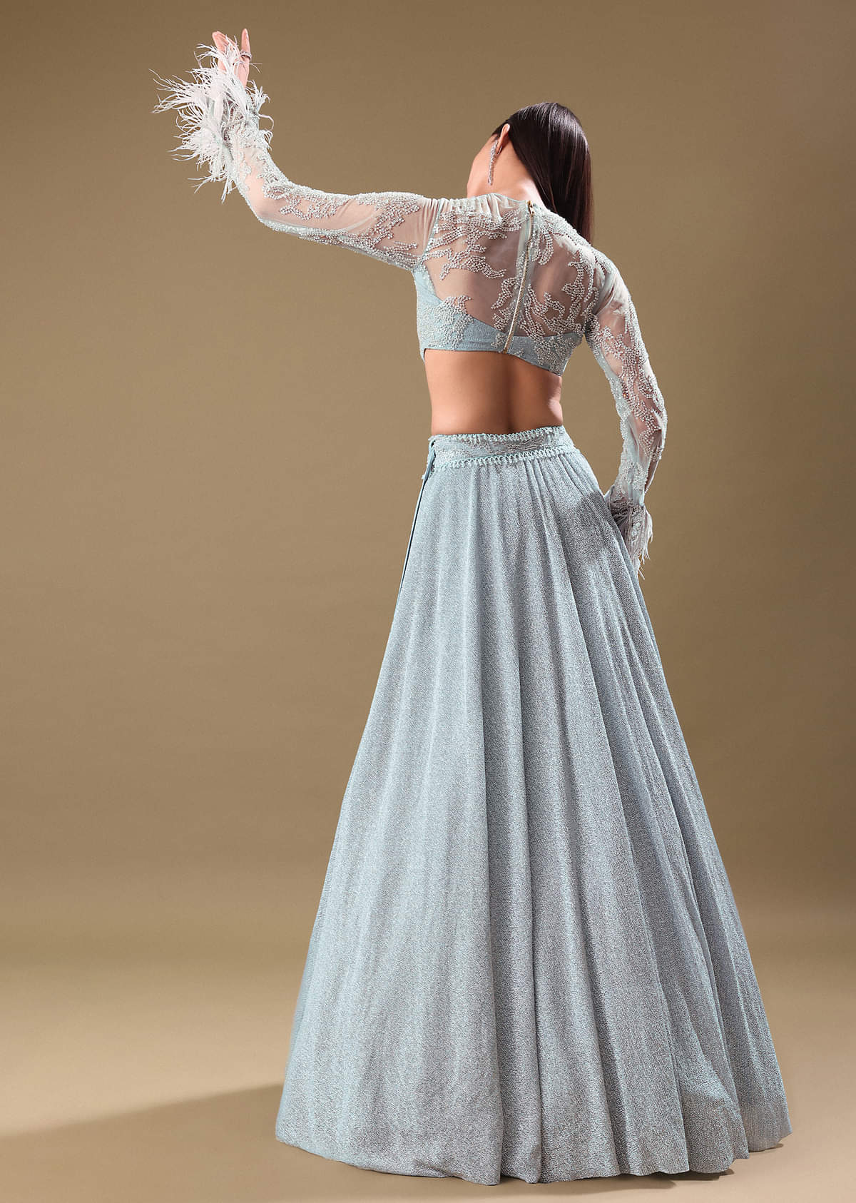 Turquoise Blue Sequin Skirt With Embroidered Blouse