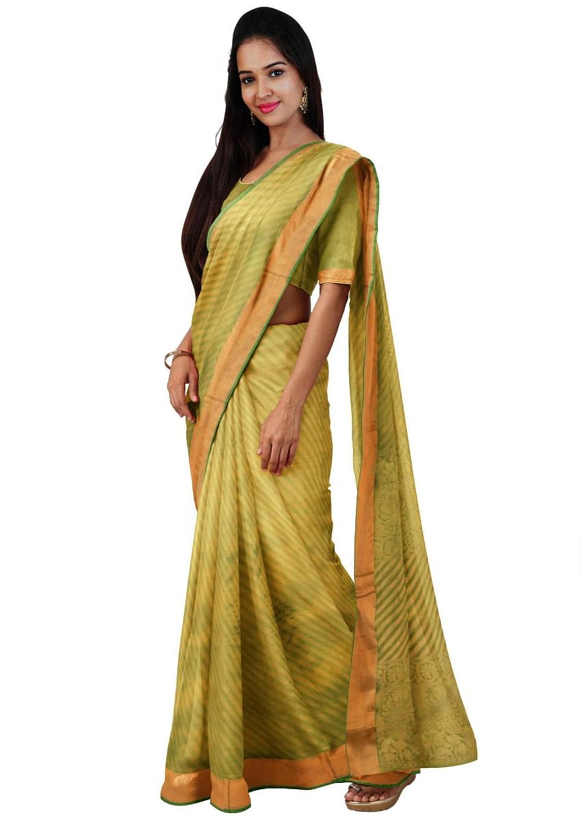 Buy Green And Yellow Banarasi Saree In Two Toned Silk With Matching Blouse Piece Online Kalki Fashion