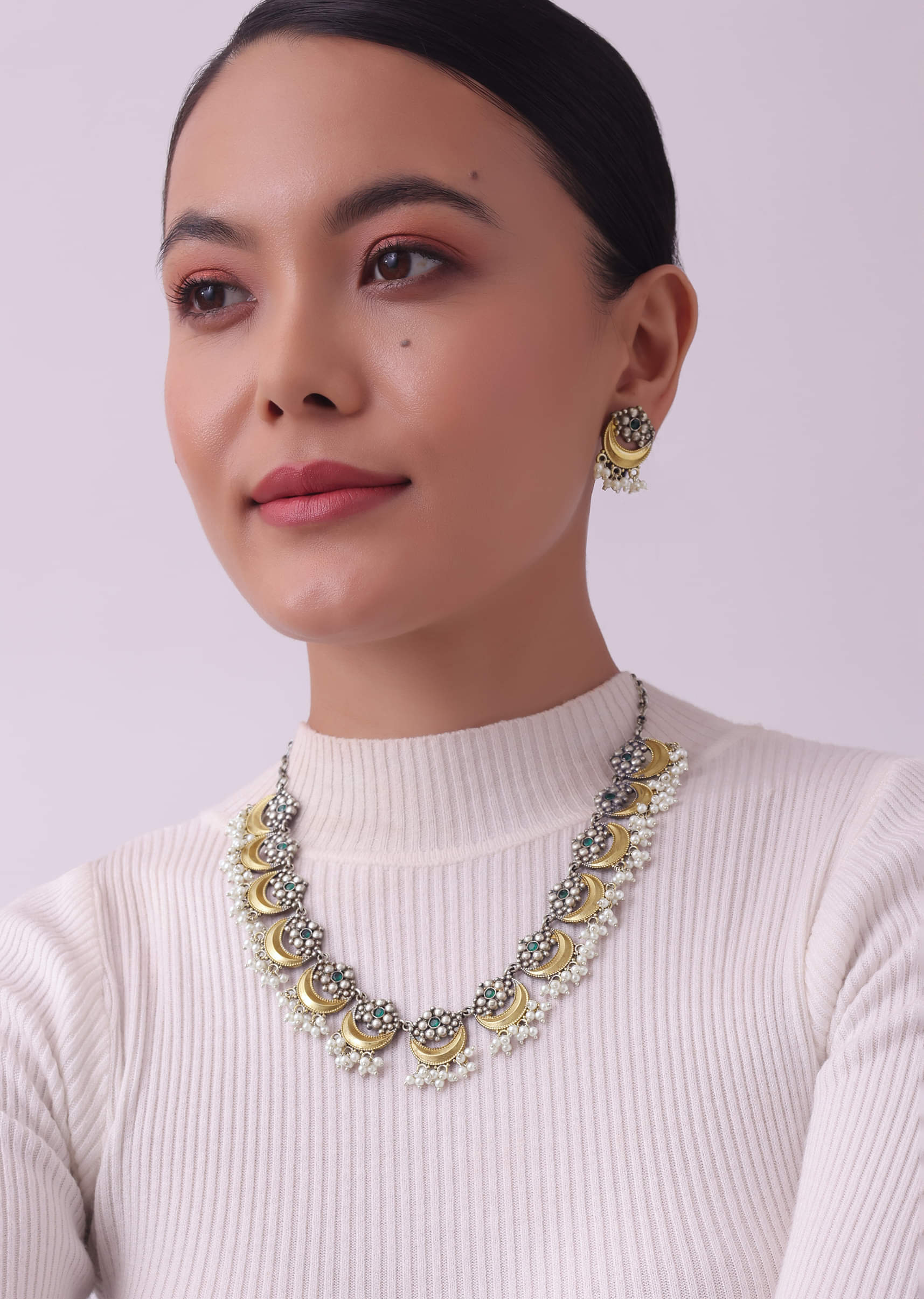 Buy Two Tone Oxidised Necklace And Earrings Set With Pearls