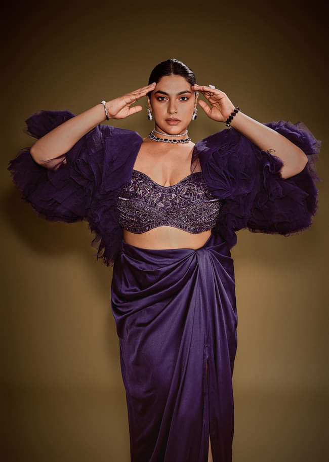 Violet Drape Skirt Set With Sleeveless Blouse And Ruffle Jacket 