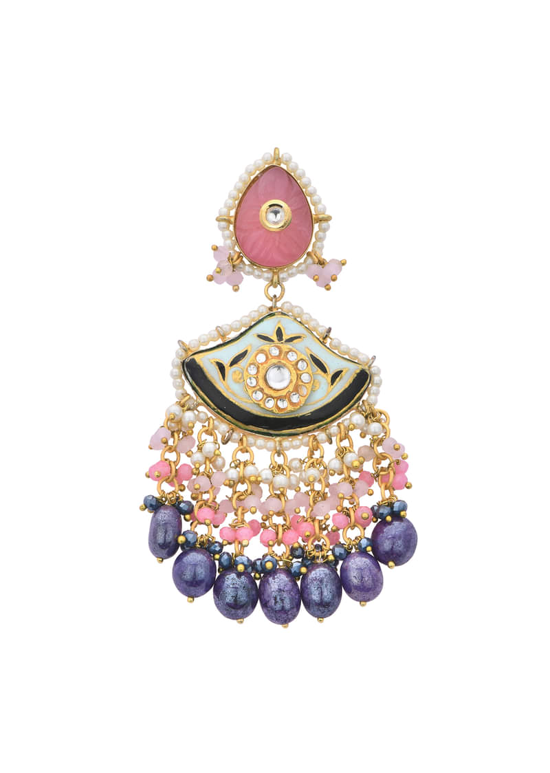 Violet Kundan Danglers With Tiered Multicolor Bead Drops