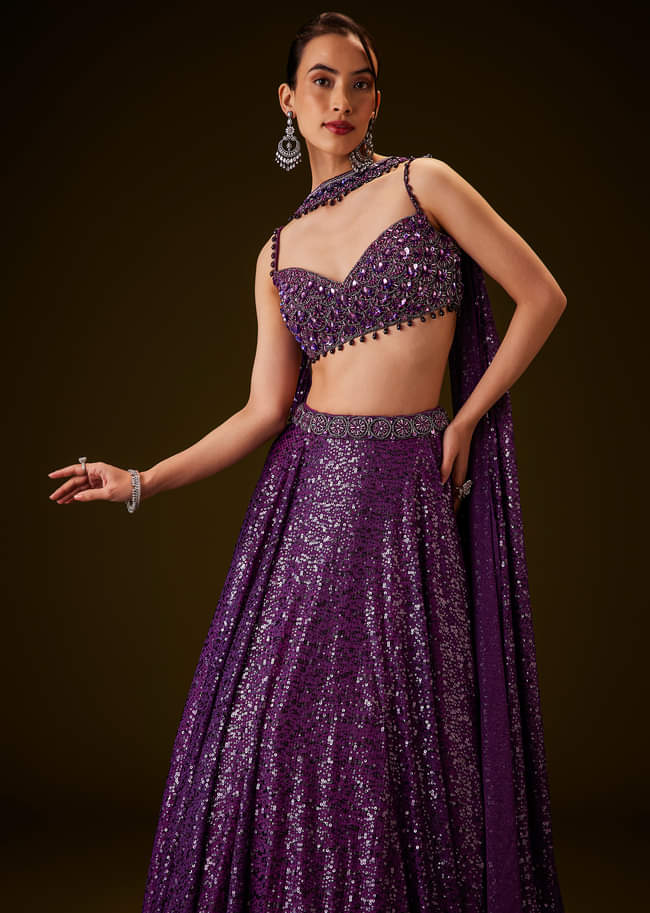 Violet Sequin Lehenga Set With Hand Embroidered Choker Dupatta
