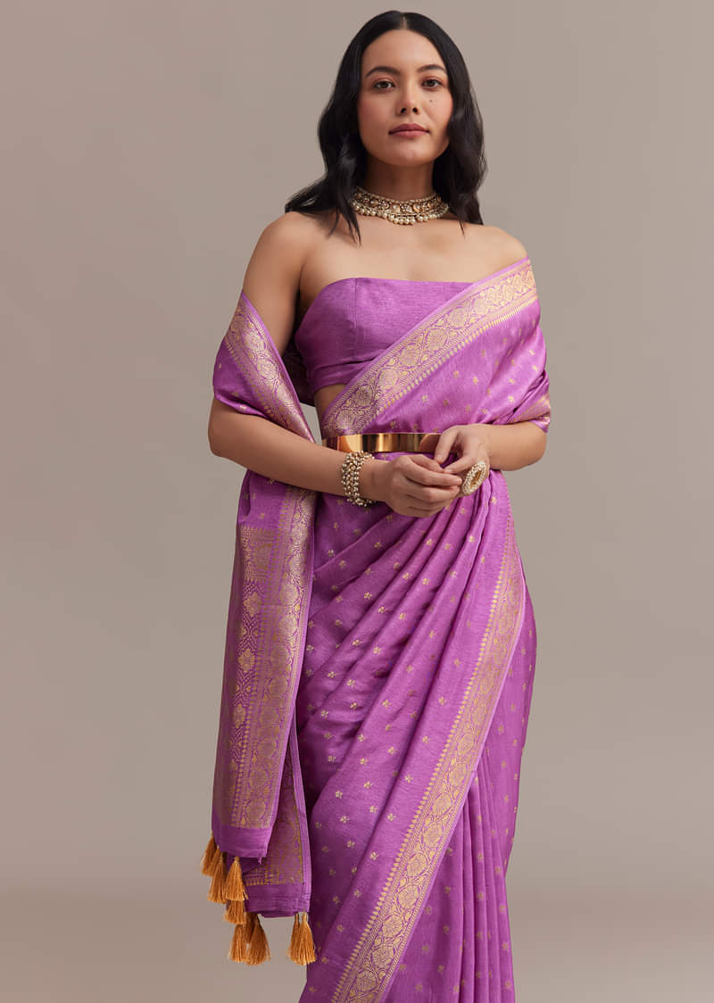Violet Tissue Silk Saree With Butti Work And Chanderi Zari Border 
