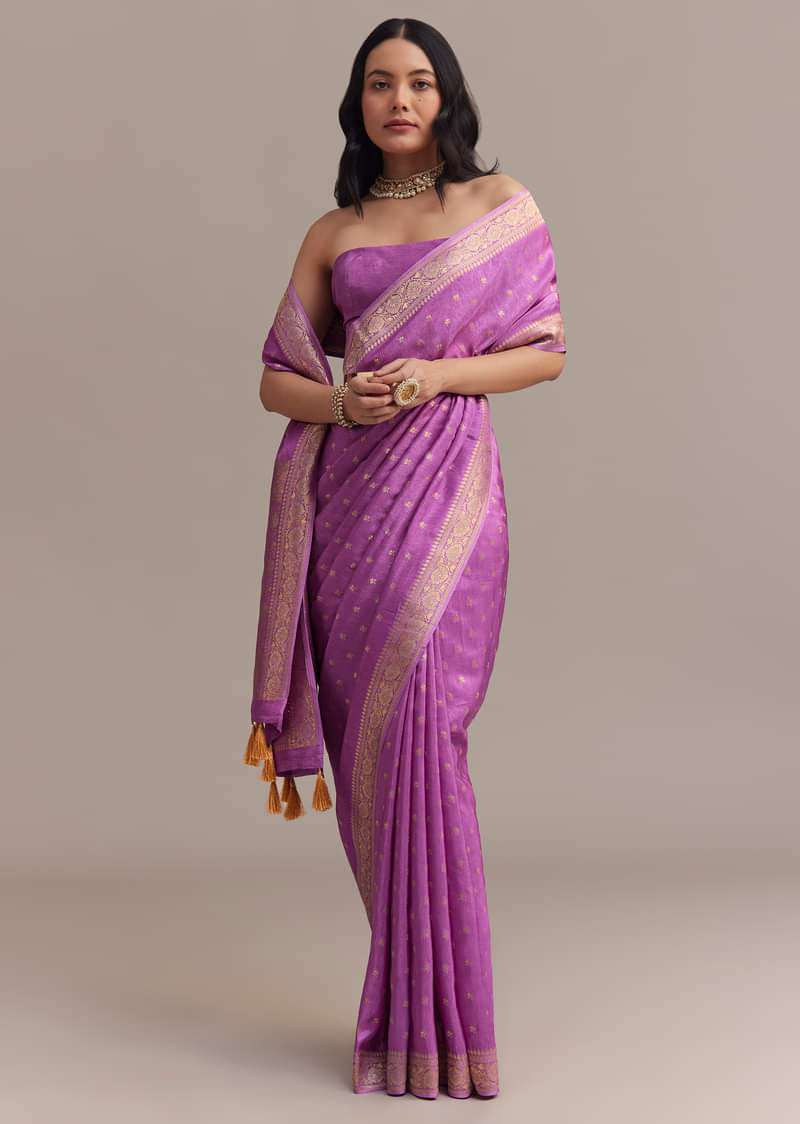 Violet Tissue Silk Saree With Butti Work And Chanderi Zari Border 