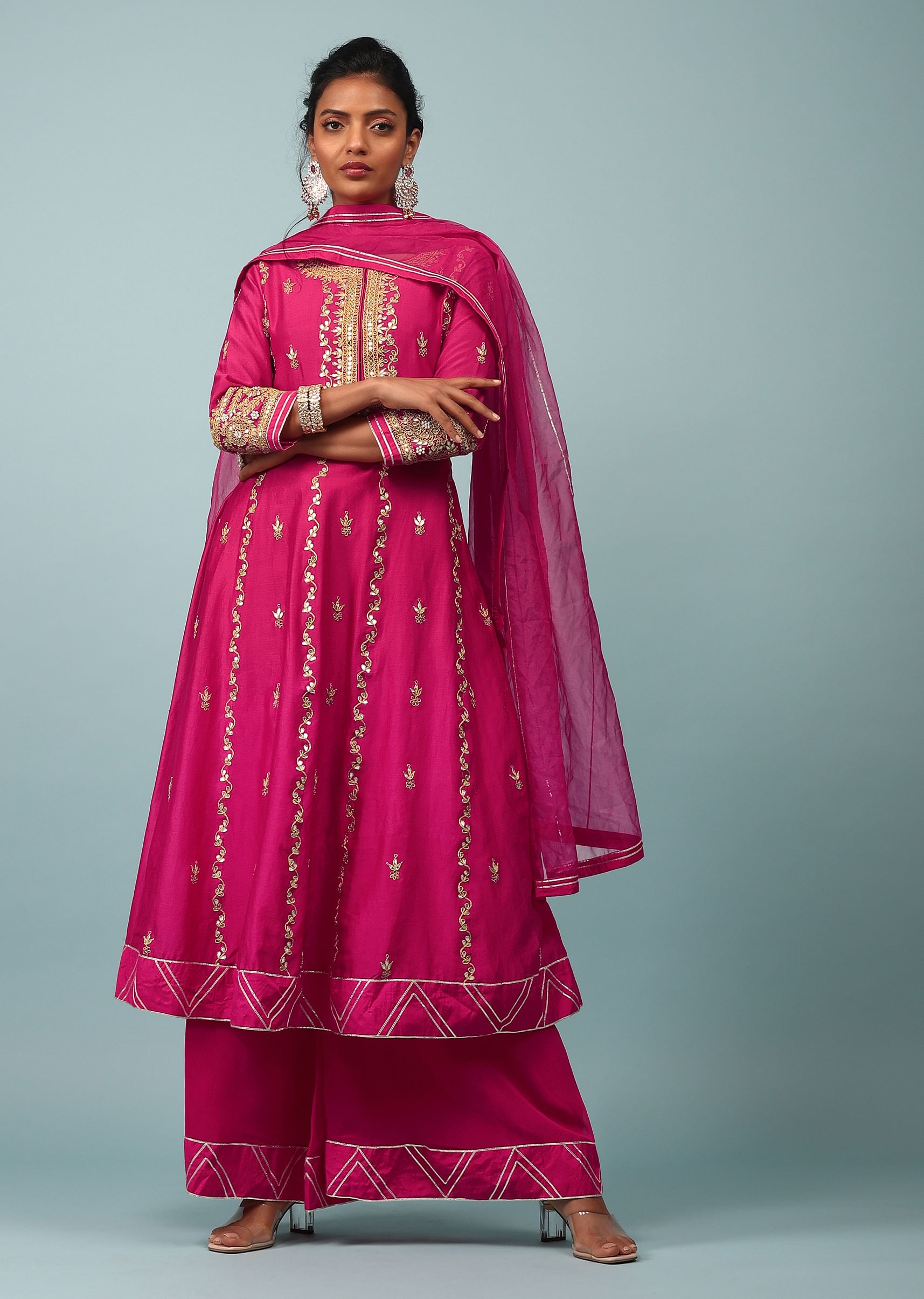 Buy Virtual Pink Embroidered Palazzo Suit Set In Cotton Silk KALKI Fashion Global