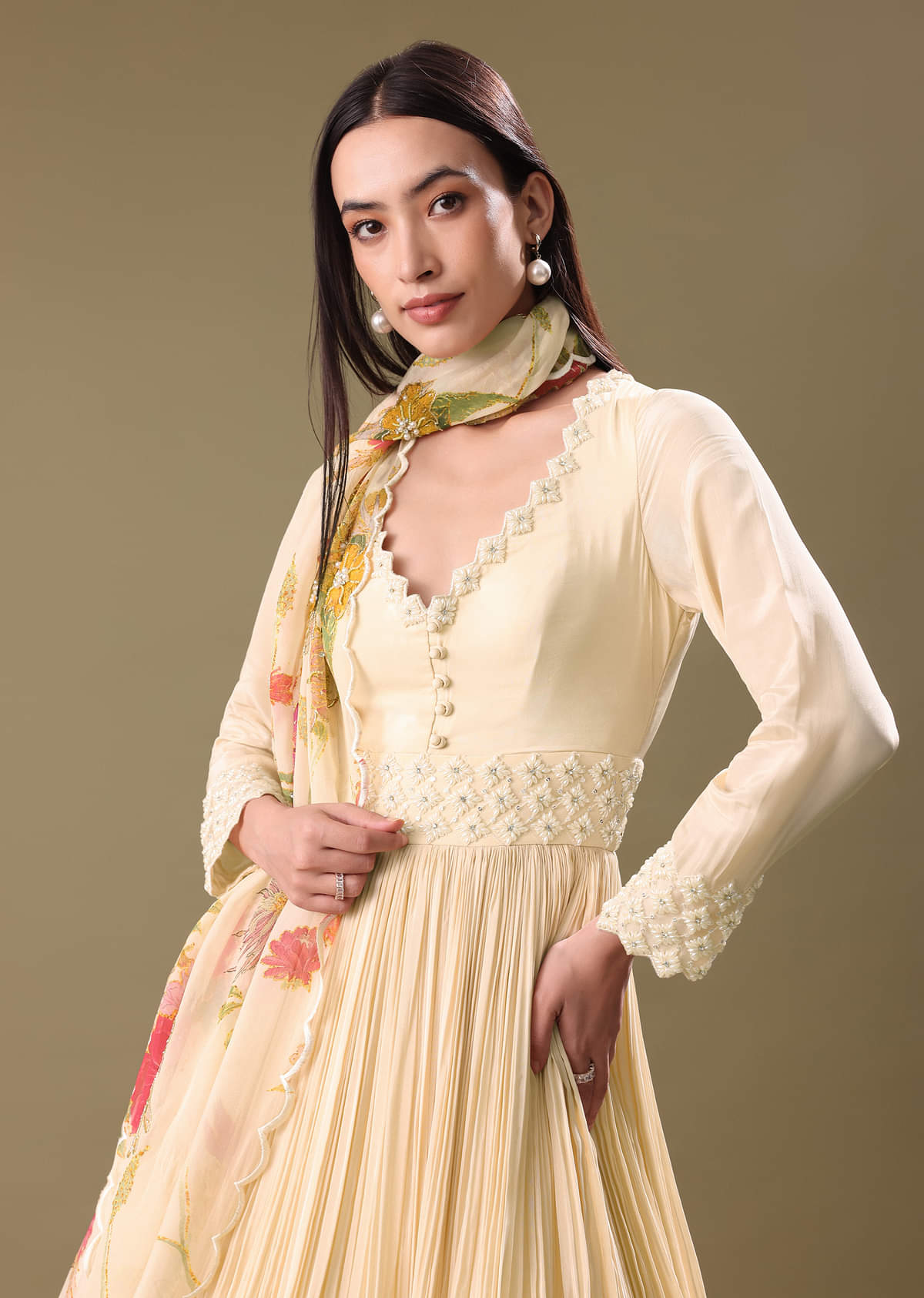 Warm Ivory Beaded Long Suit With Dupatta