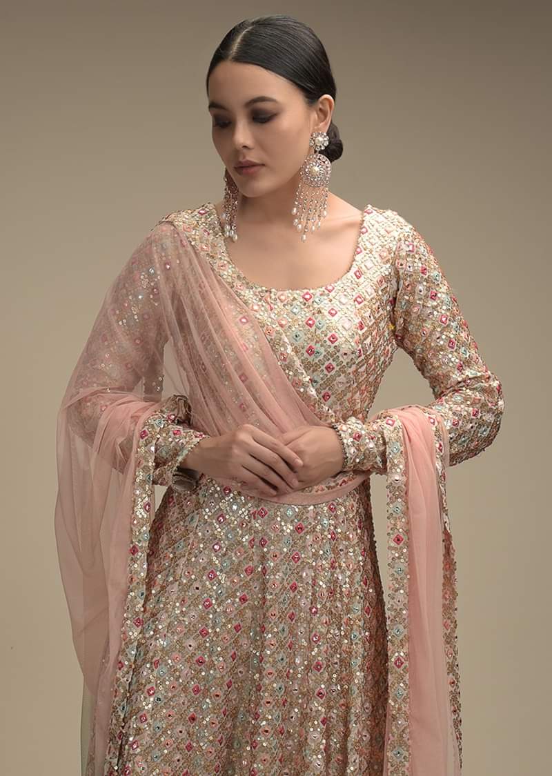 White Anarkali Suit In Georgette With Multi Color Resham And Abla Work All Over