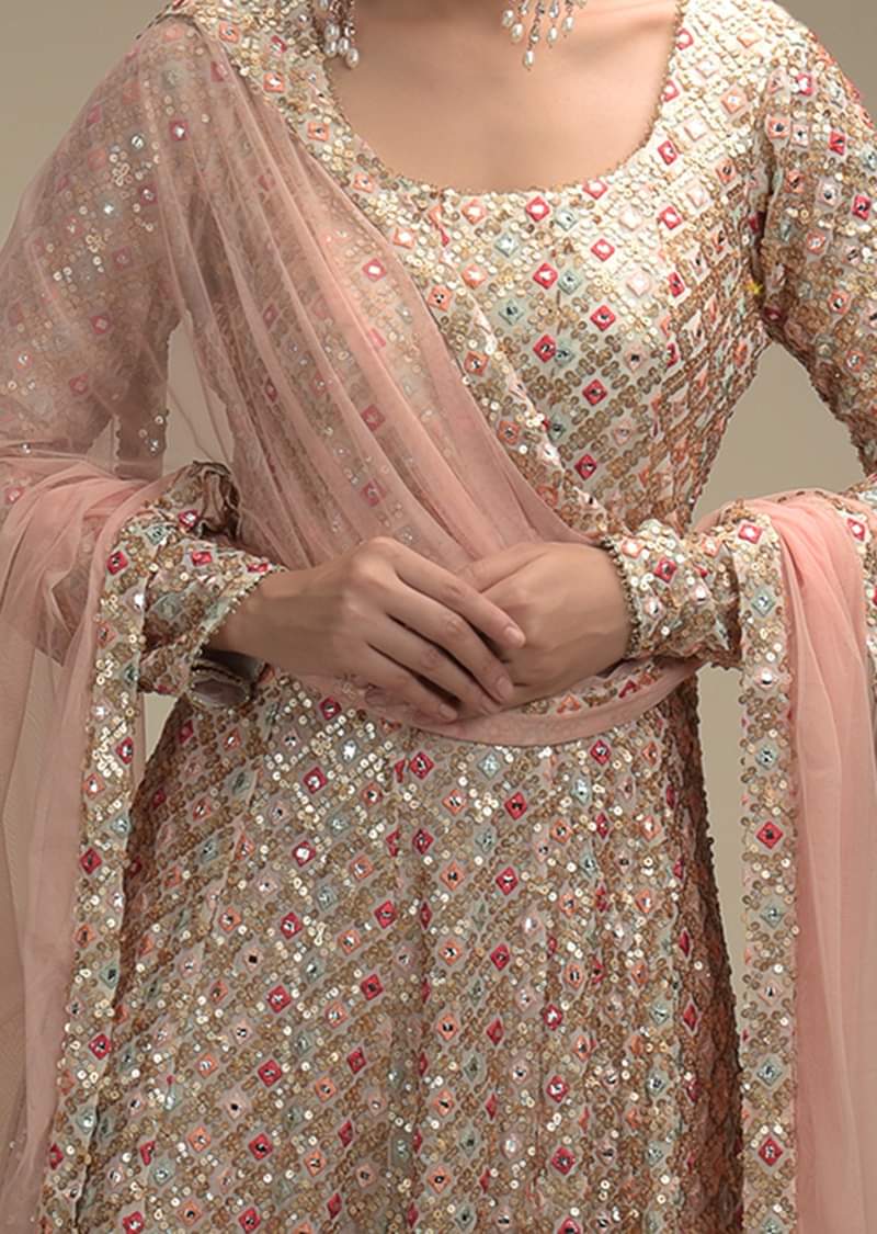White Anarkali Suit In Georgette With Multi Color Resham And Abla Work All Over