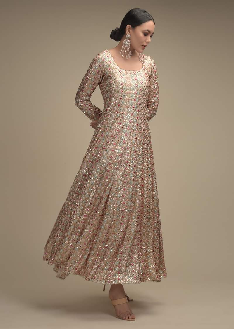 White Anarkali Suit In Georgette With Multi Color Resham And Abla Work All Over