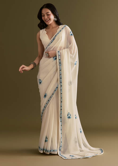 White And Blue Georgette Saree With Kashmiri Bud Embroidery White And Blue Georgette Saree With Kashmiri Bud Embroidery