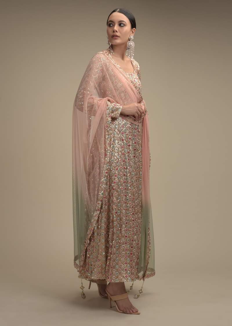 White Anarkali Suit In Georgette With Multi Color Resham And Abla Work All Over