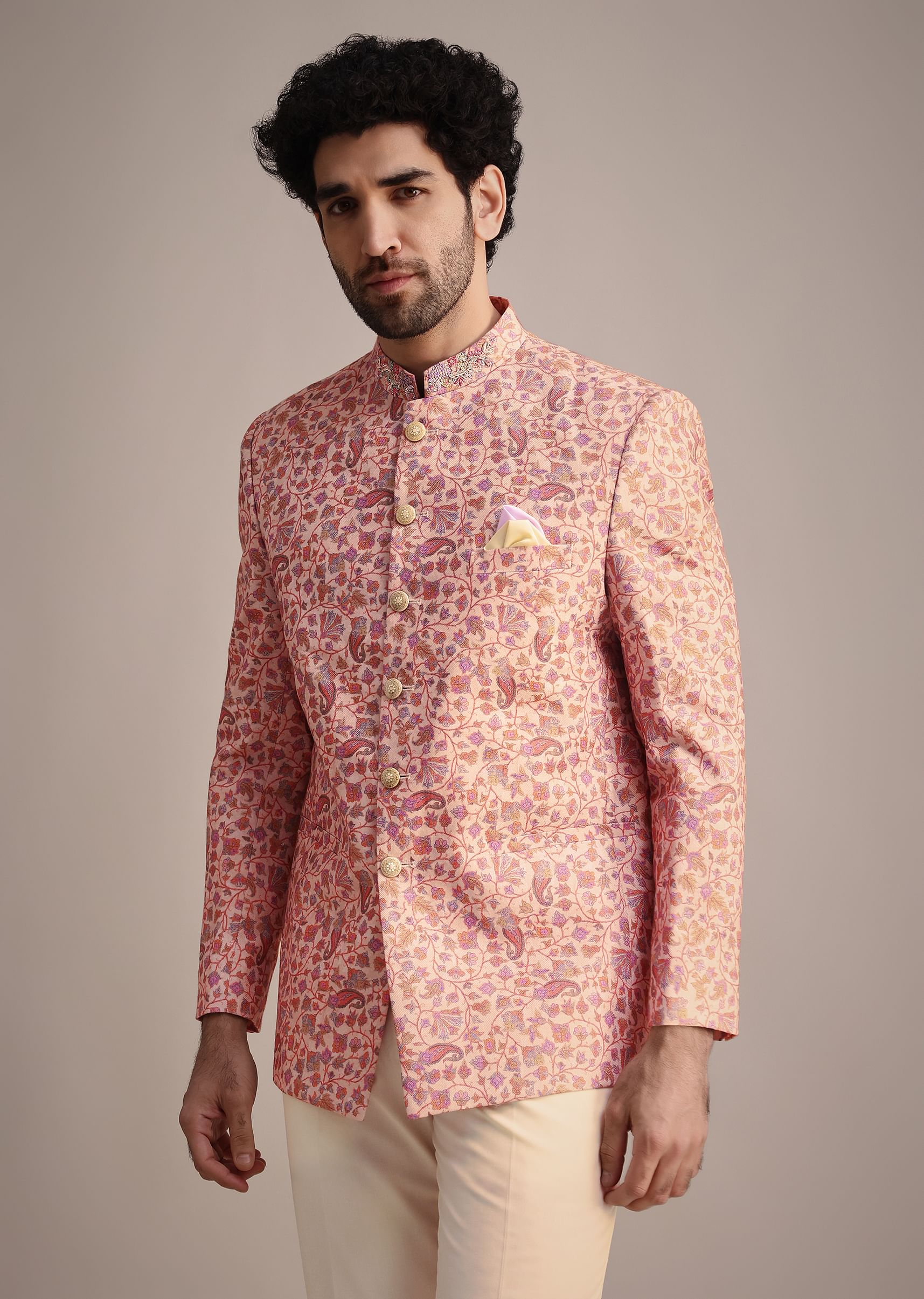 Buy White And Cream Printed Silk Jodhpuri Suit