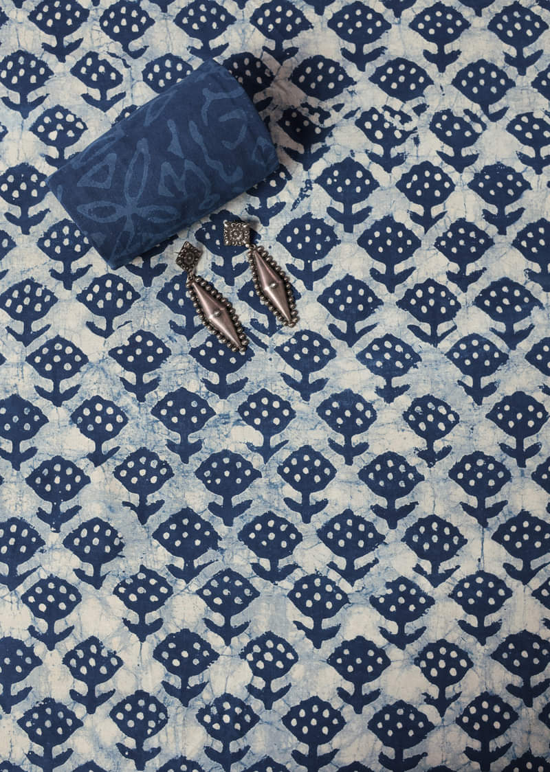 Buy White And Indigo Blue Batik Hand Block Printed Dress