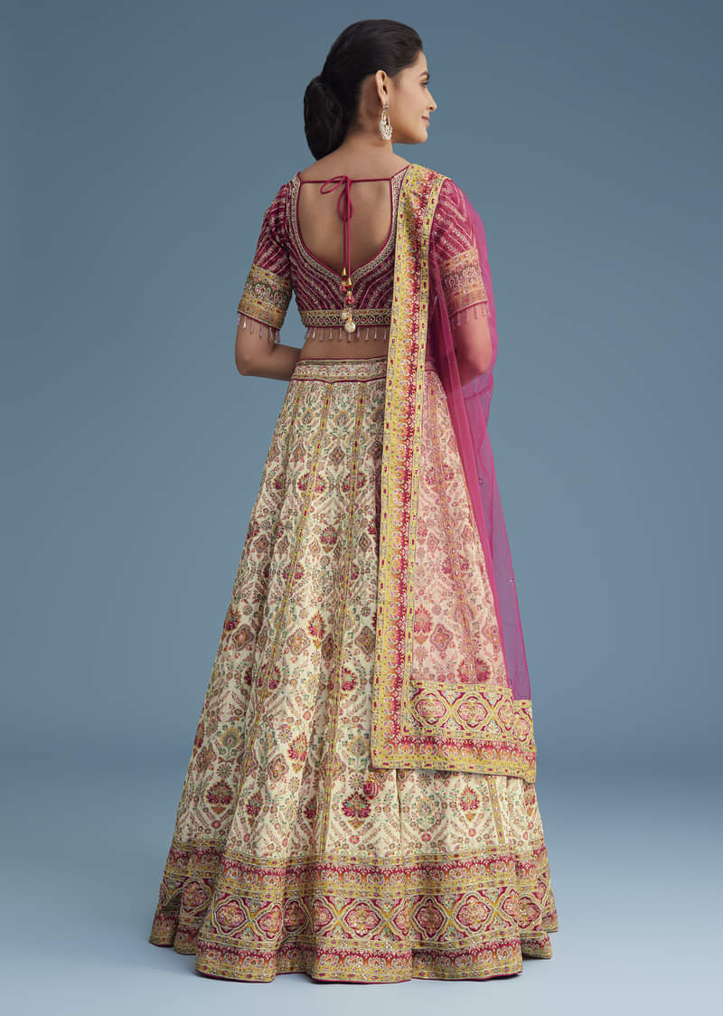 White And Pink Crepe Lehenga Set With Sequins And Cut Dana Work