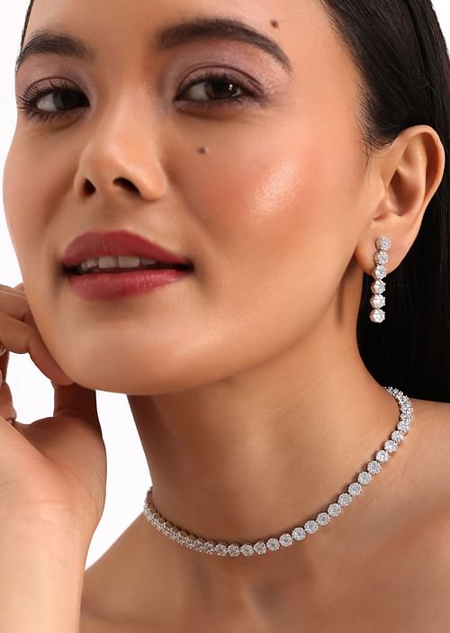 White And Silver Diamond Necklace Set In Mix Metal