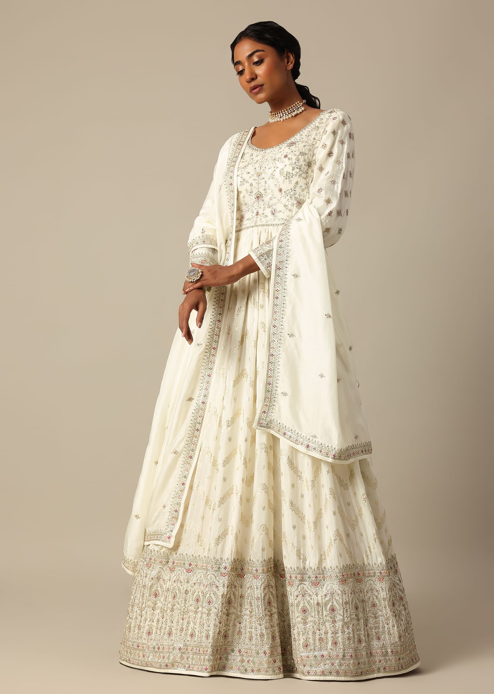 White anarkali with banarasi dupatta 2025