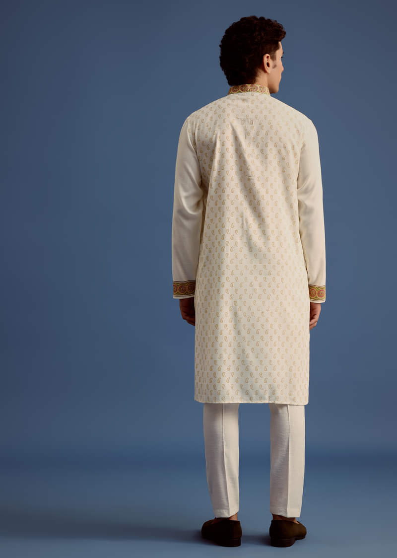 White Block Printed Kurta Set With Zari Embroidery