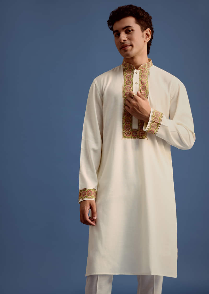 White Block Printed Kurta Set With Zari Embroidery