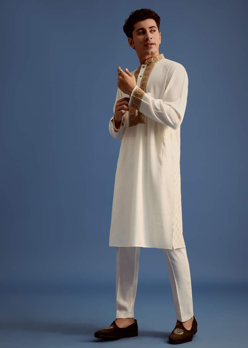 White Block Printed Kurta Set With Zari Embroidery