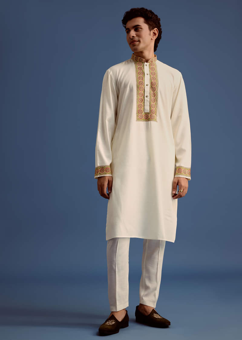 White Block Printed Kurta Set With Zari Embroidery