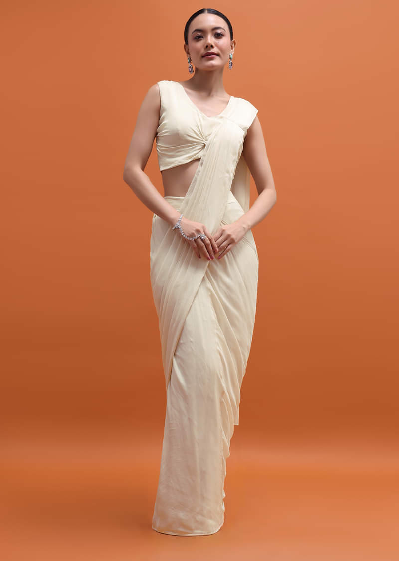 White Chiffon Embroidered Readymade Saree With Cape