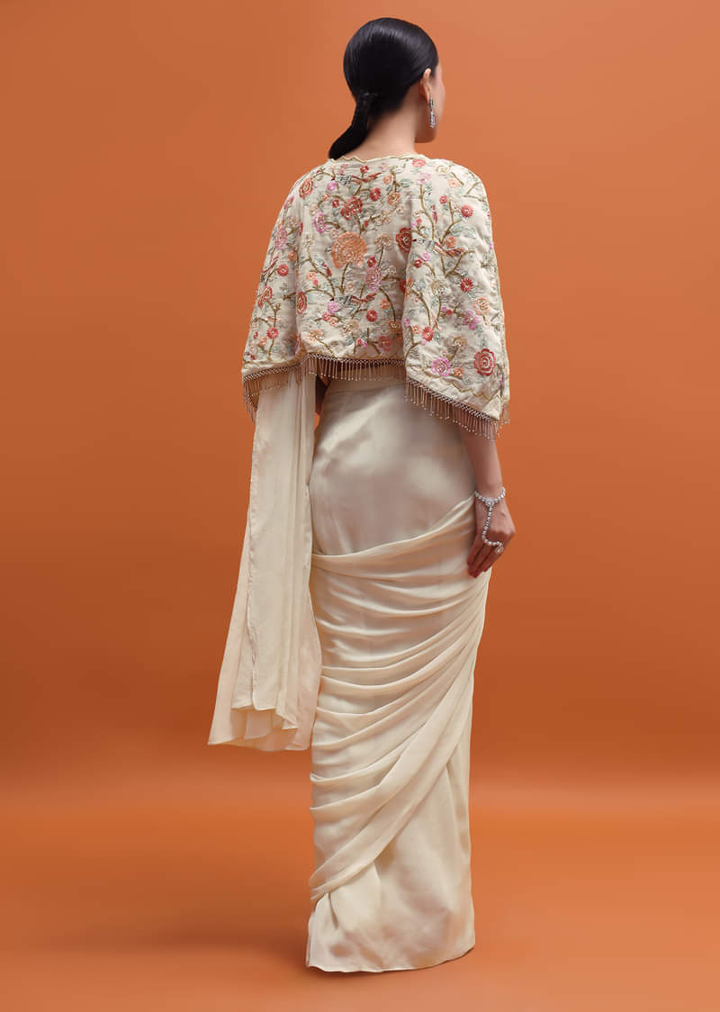 White Chiffon Embroidered Readymade Saree With Cape