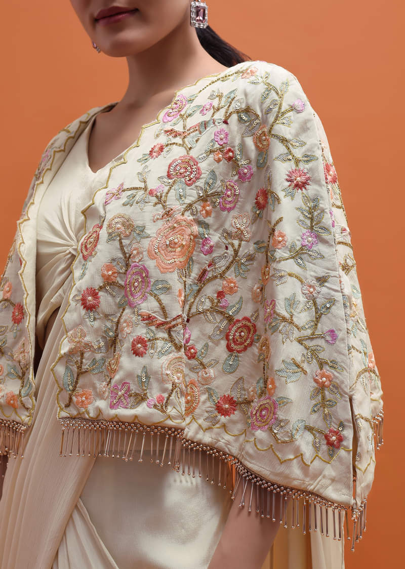 White Chiffon Embroidered Readymade Saree With Cape