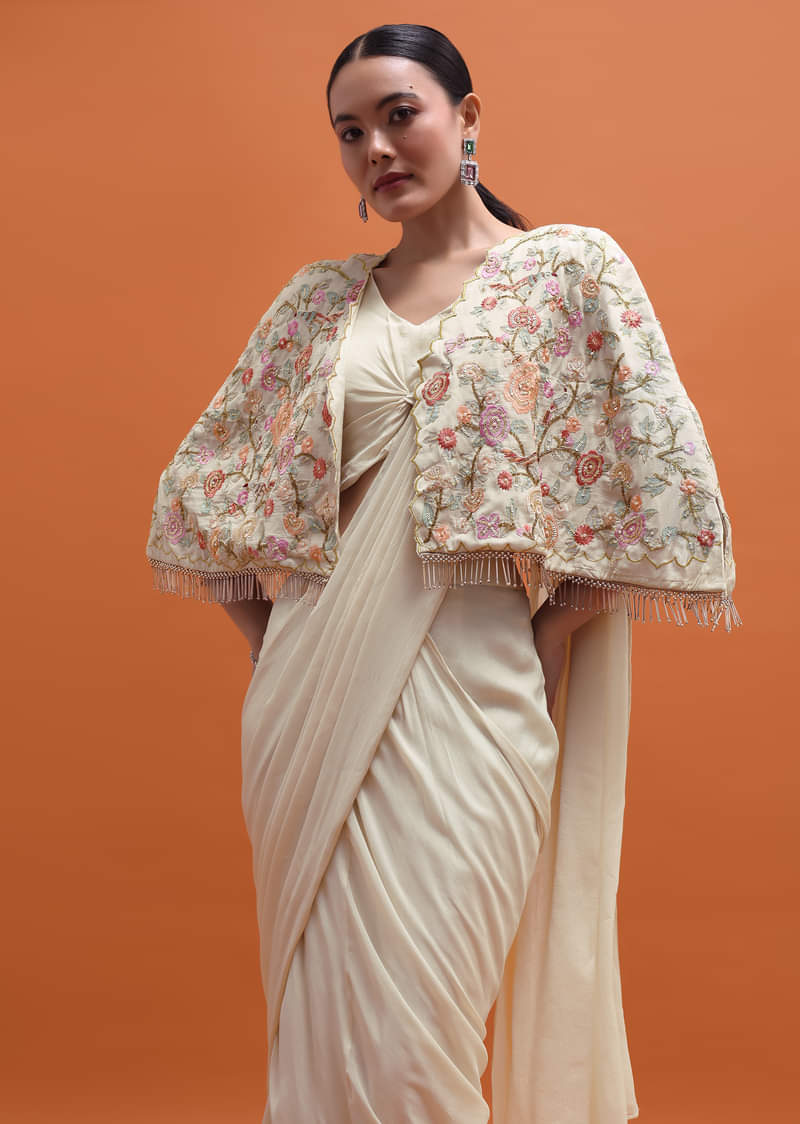 White Chiffon Embroidered Readymade Saree With Cape