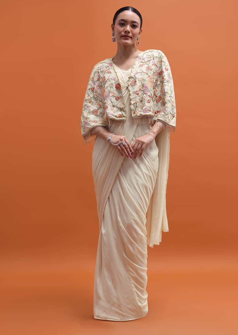 White Chiffon Embroidered Readymade Saree With Cape