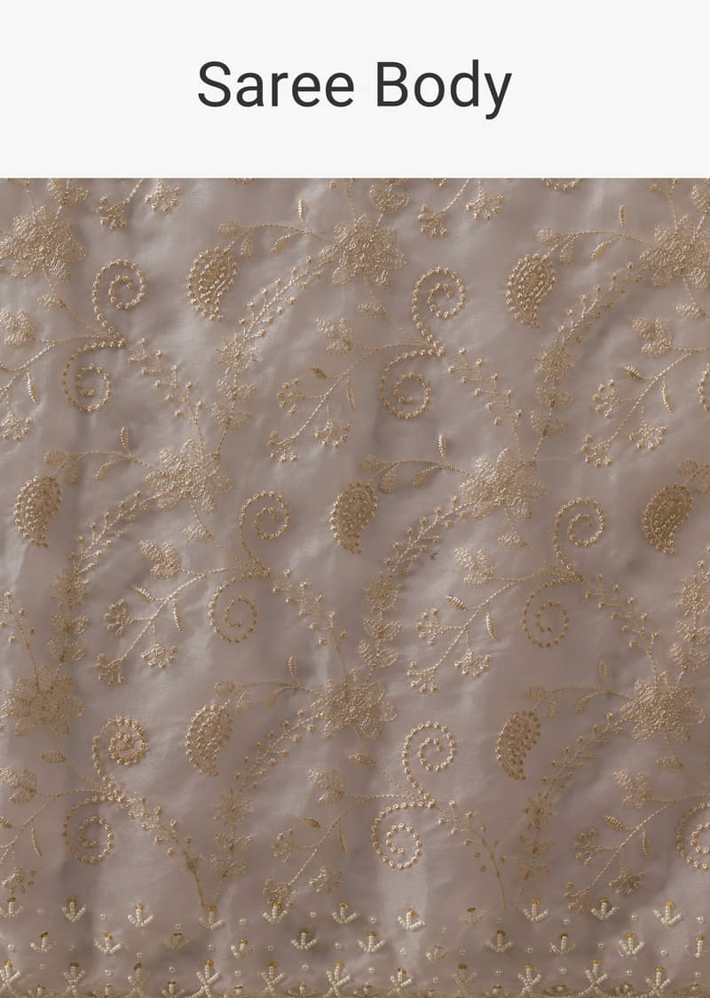 White Chikankari Saree In Organza Silk With Beaded Scallop Detail And Unstitched Blouse Fabric