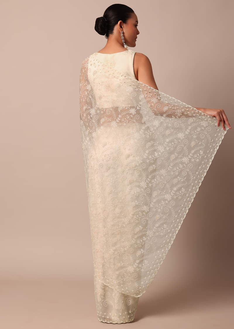 White Chikankari Saree In Organza Silk With Beaded Scallop Detail And Unstitched Blouse Fabric