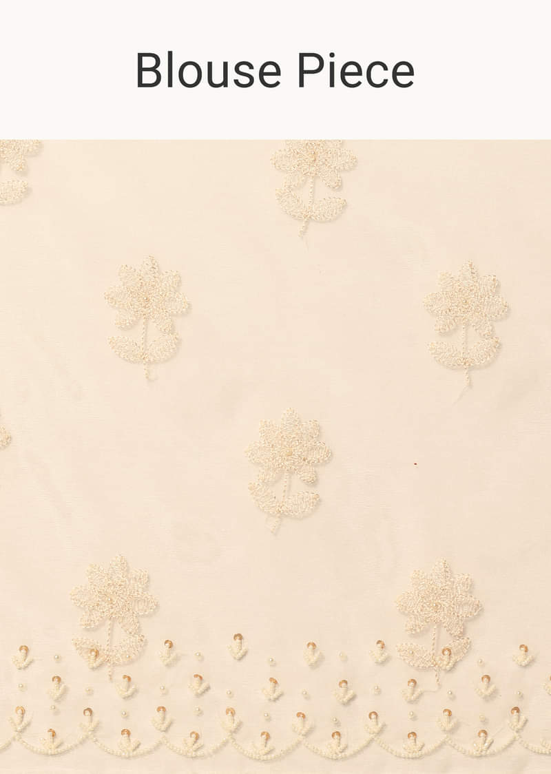 White Chikankari Saree In Organza Silk With Beaded Scallop Detail And Unstitched Blouse Fabric