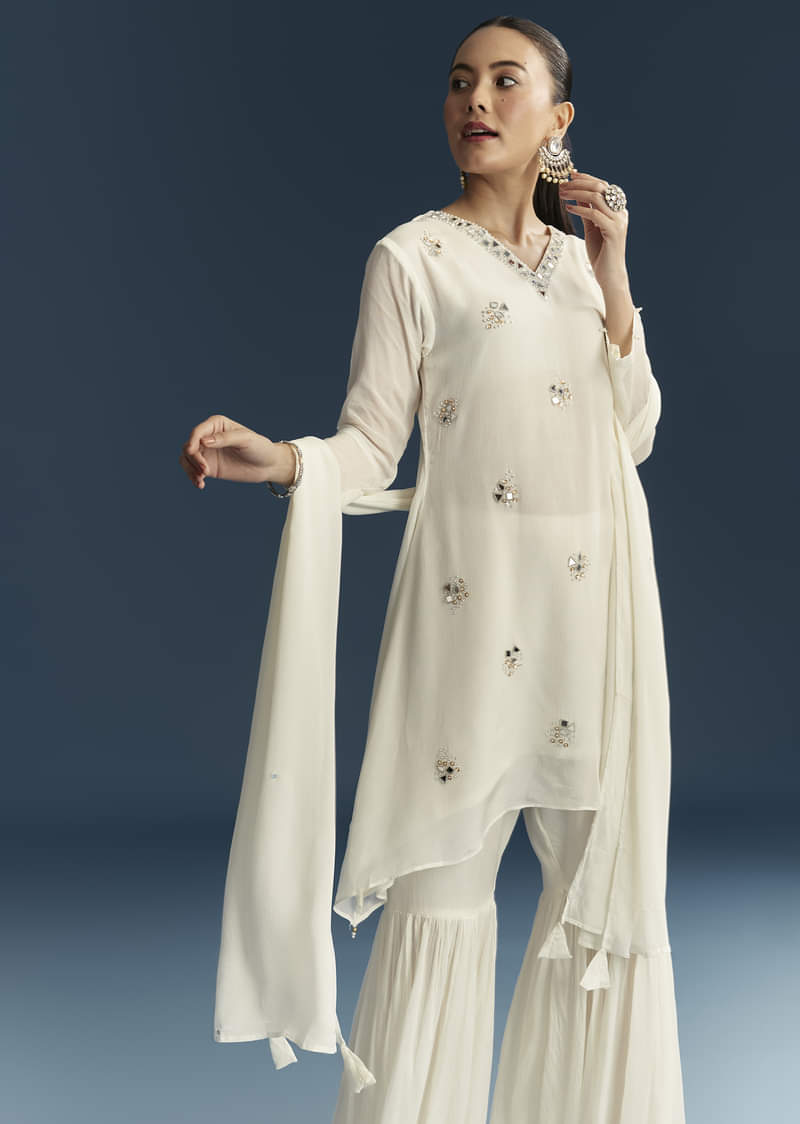 White Chinon Sharara Suit With Mirror And Sequins Embroidery