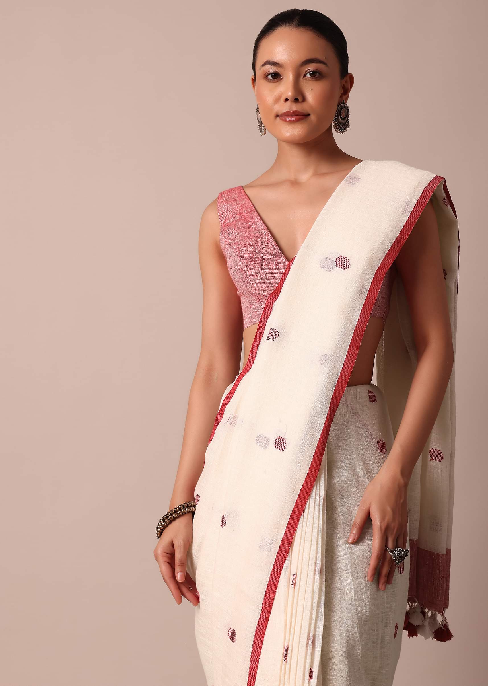 Off white cotton saree with red border shop