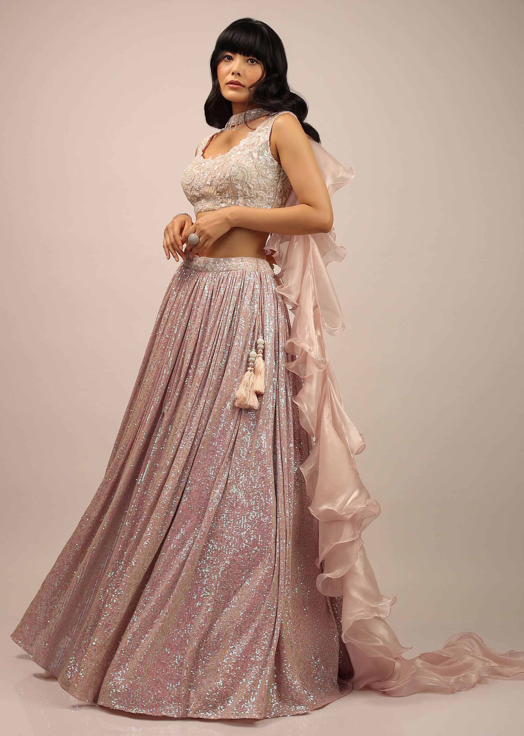 Buy Blush Pink Crop Top And Pleated Skirt With Sequins