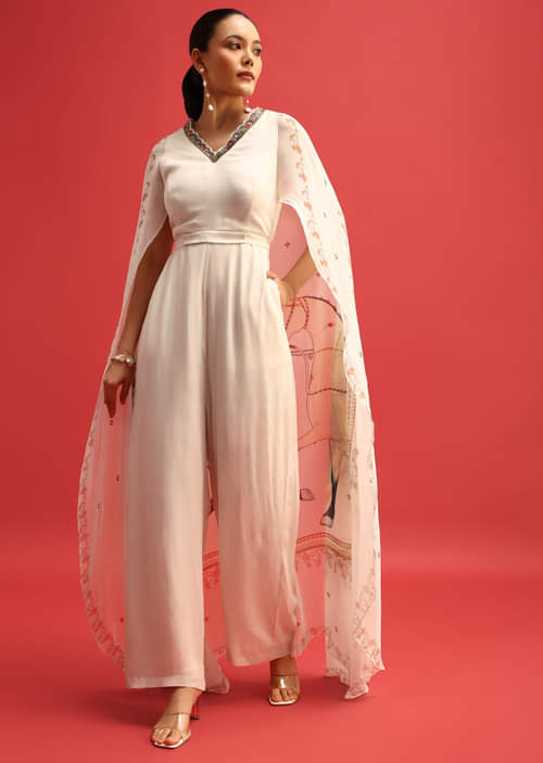 Buy White Embroidered Georgette Jumpsuit