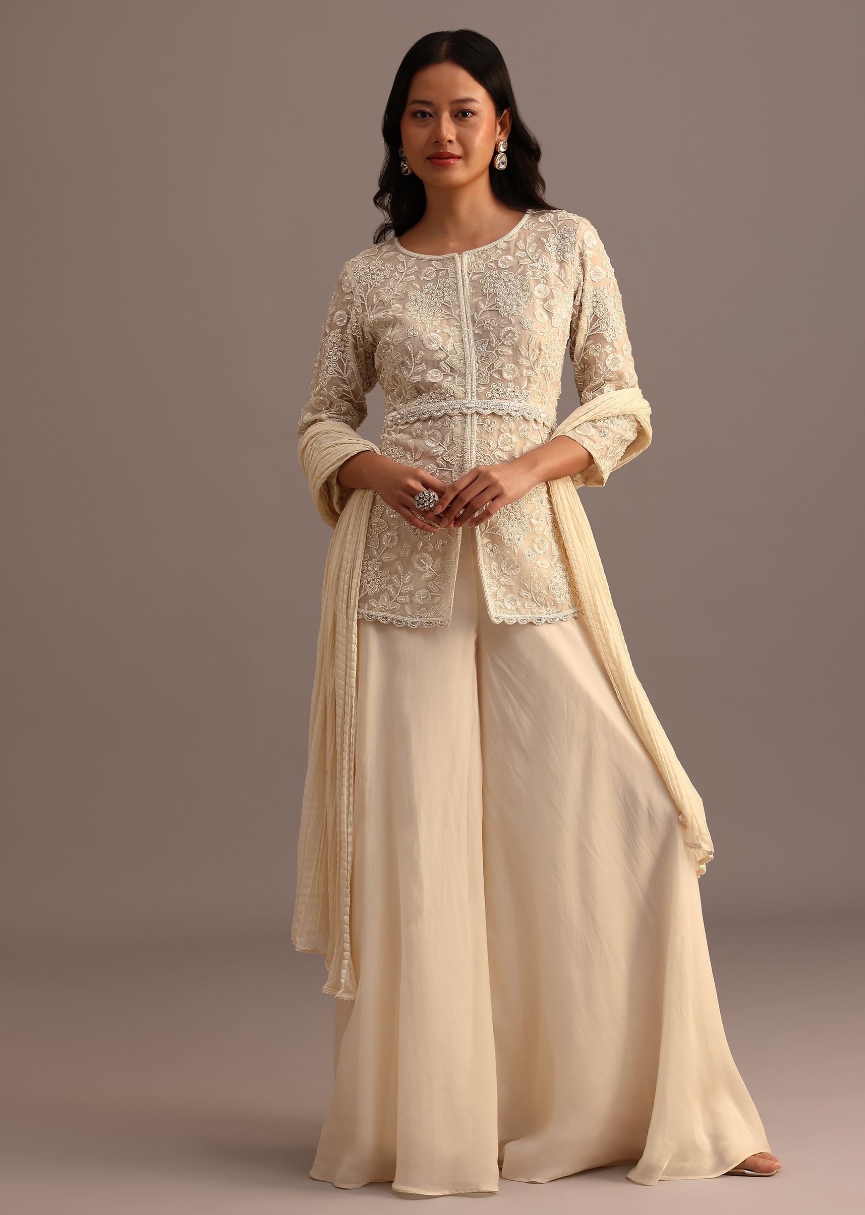 Buy White Embroidered Kurti Palazzo Set With Chiffon Dupatta And Belt KALKI Fashion India