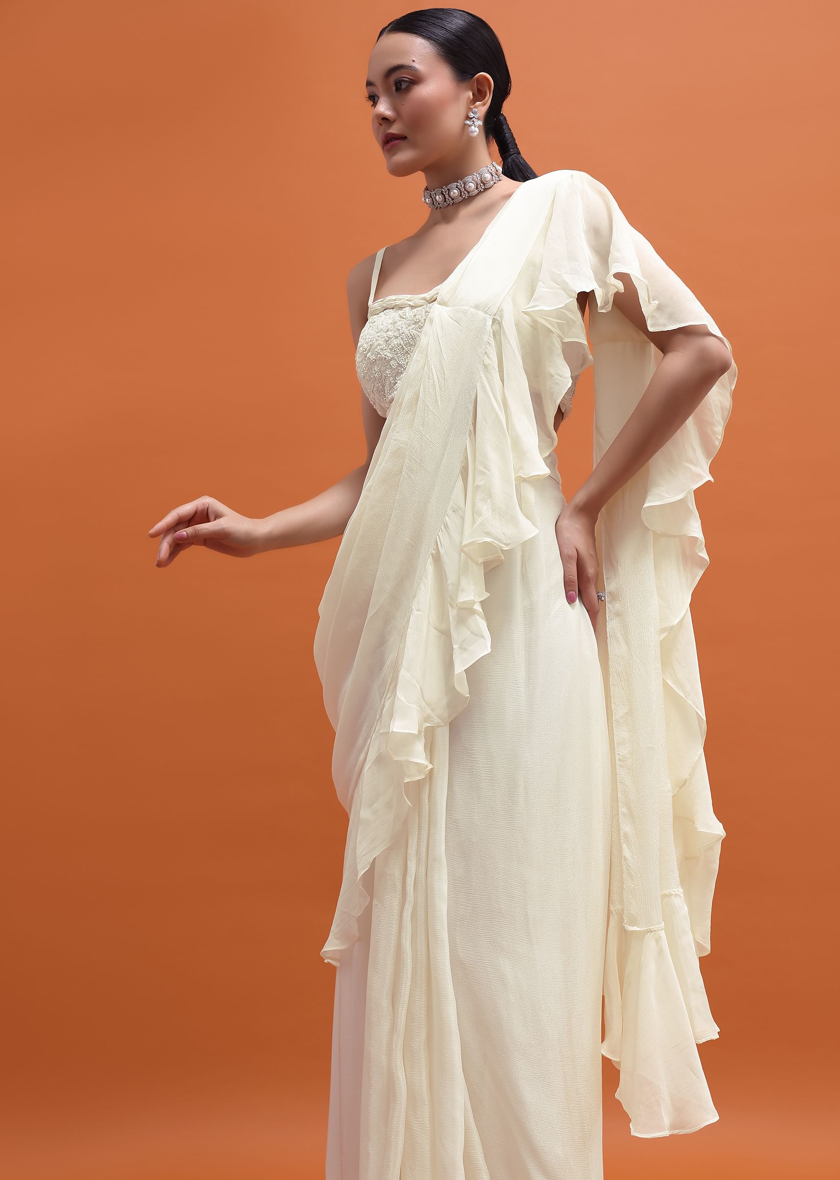 Buy White Embroidered Silk Blouse And Skirt With Attached Dupatta