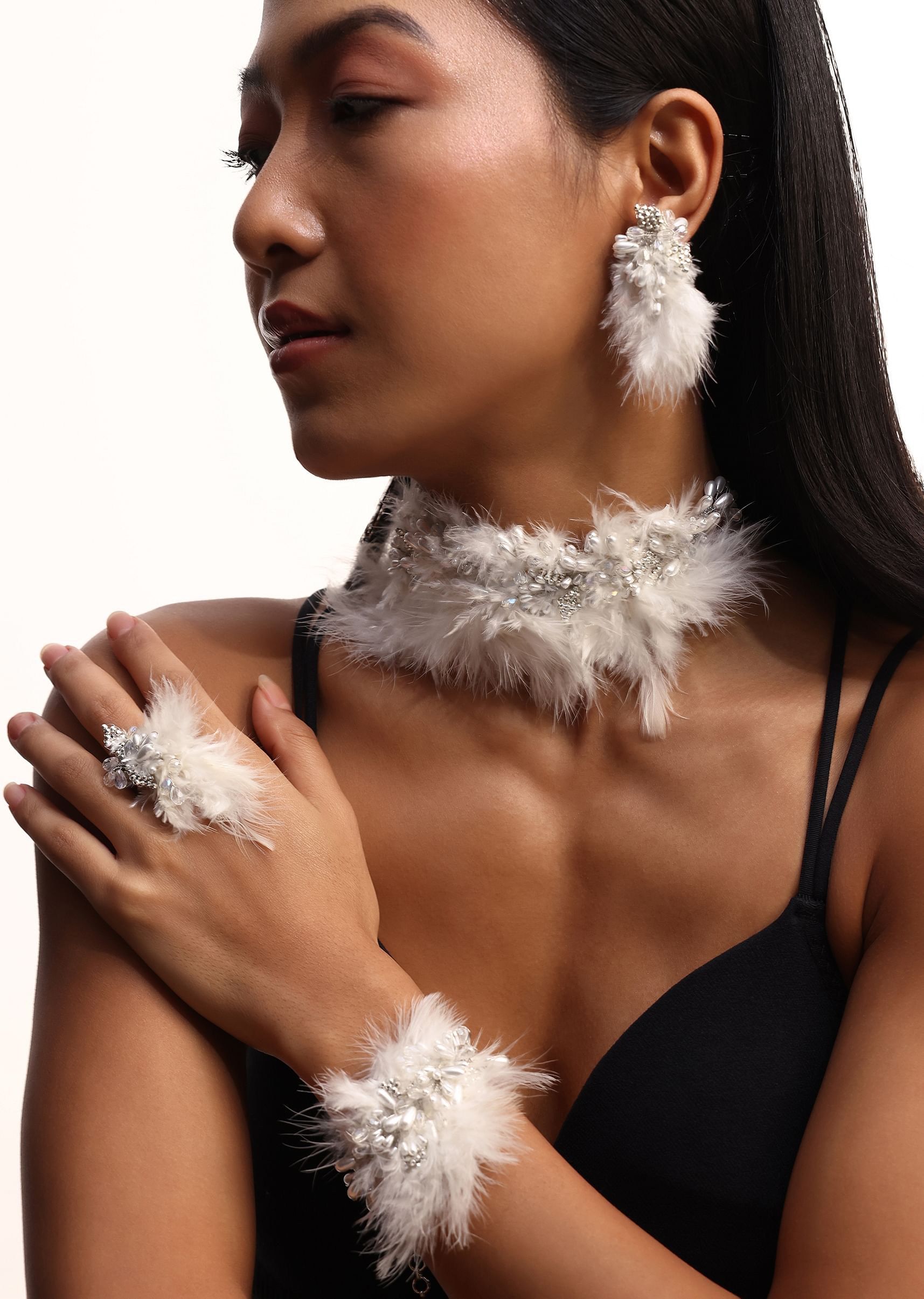 Buy White Handcrafted Choker Necklace Set With Feather Detailing Kalki Fashion Global