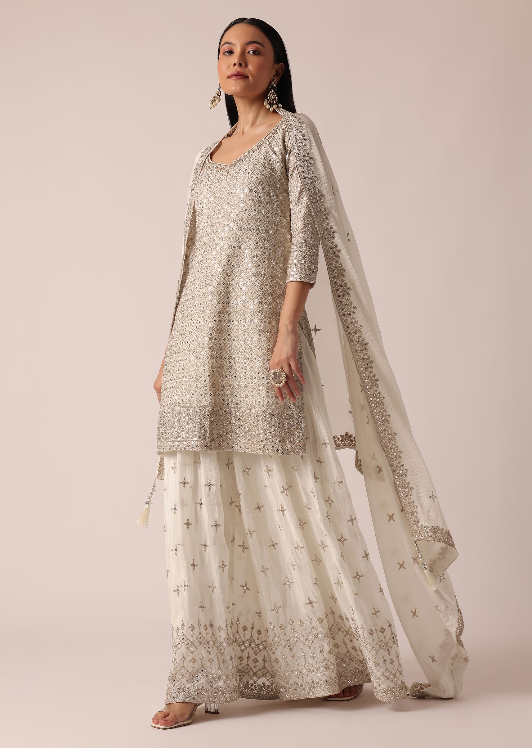 Buy White Kurta Sharara Set In Chanderi With Sequin Embroidery KALKI Fashion India