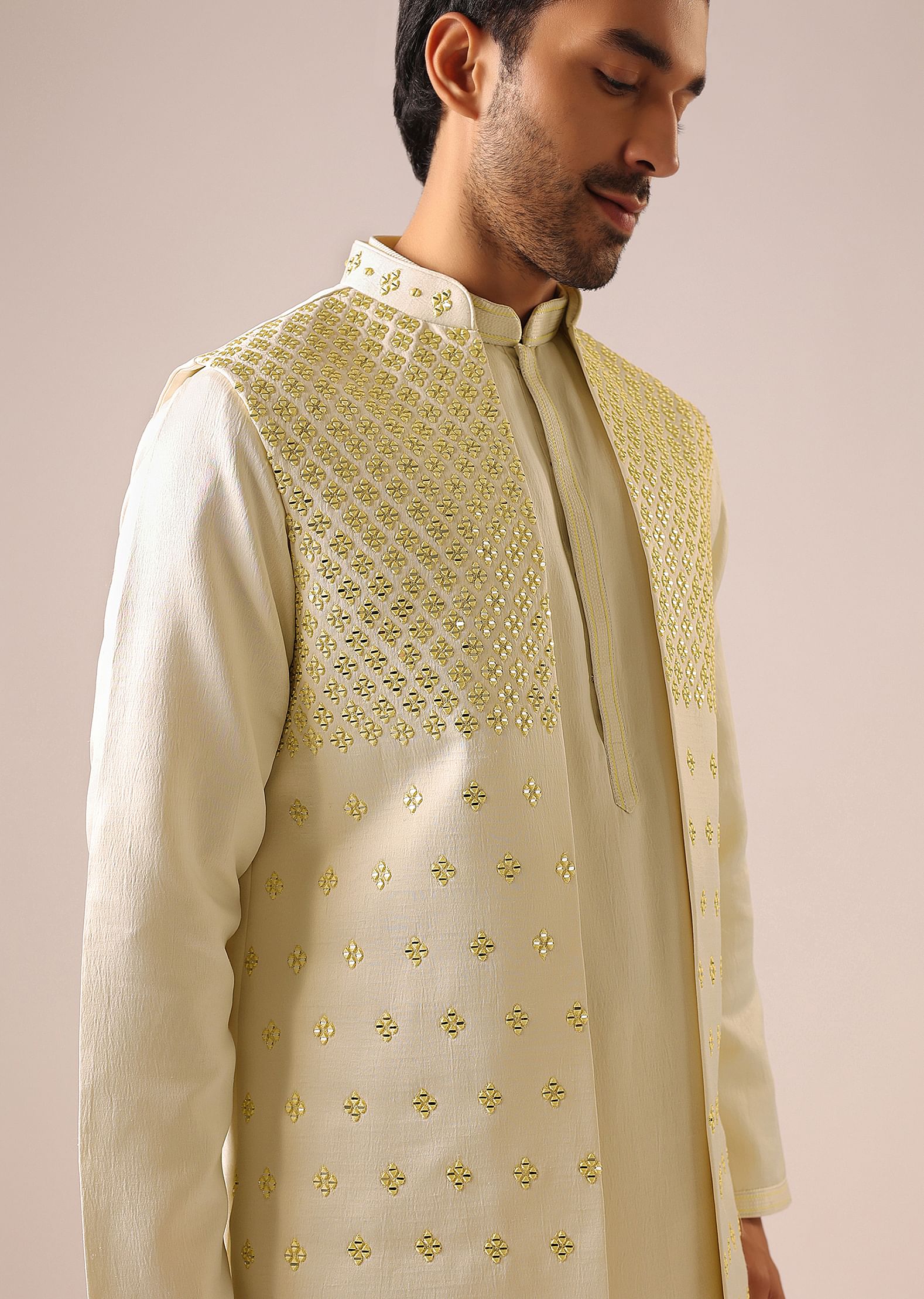 Buy White Mirror Work Jacket And Kurta Set KALKI Fashion Global
