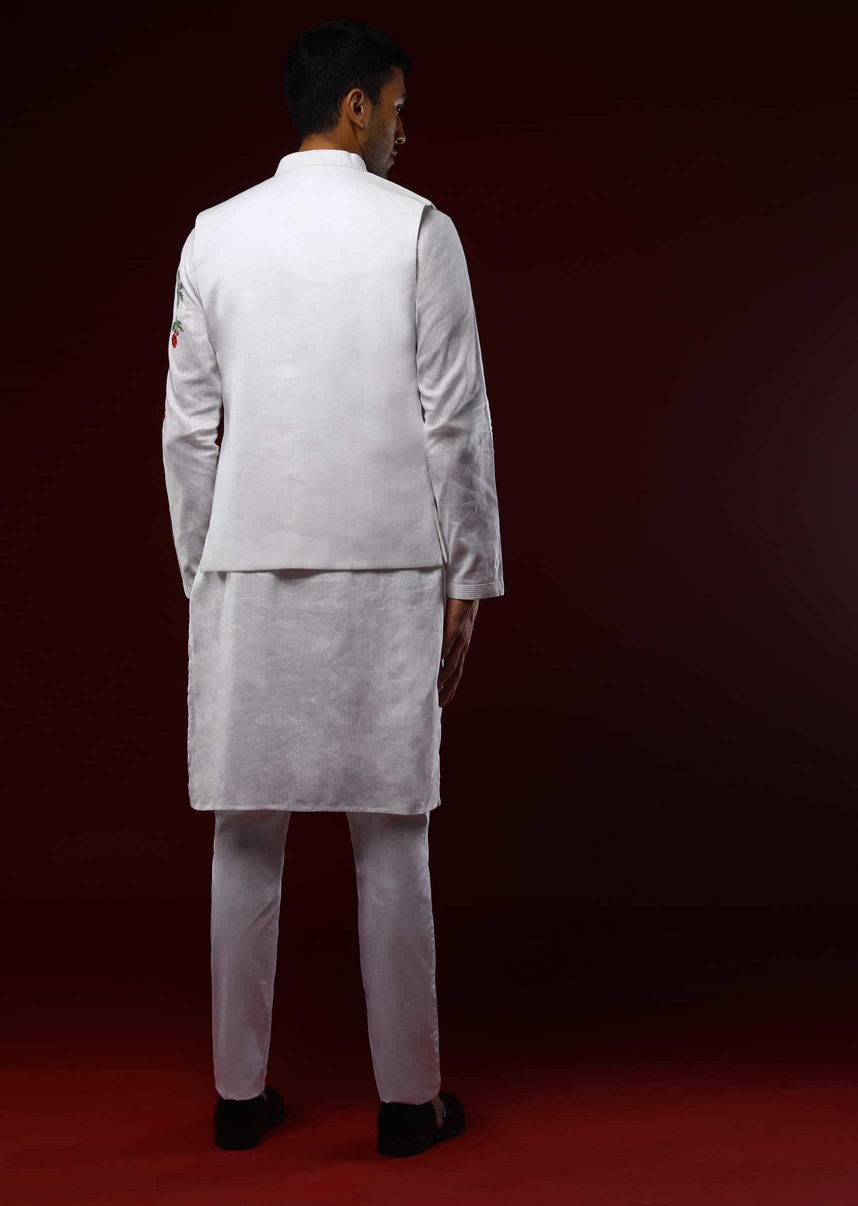 Buy White Nehru Jacket Set In Linen With Multi Colored Resham Embroidered Floral Motifs